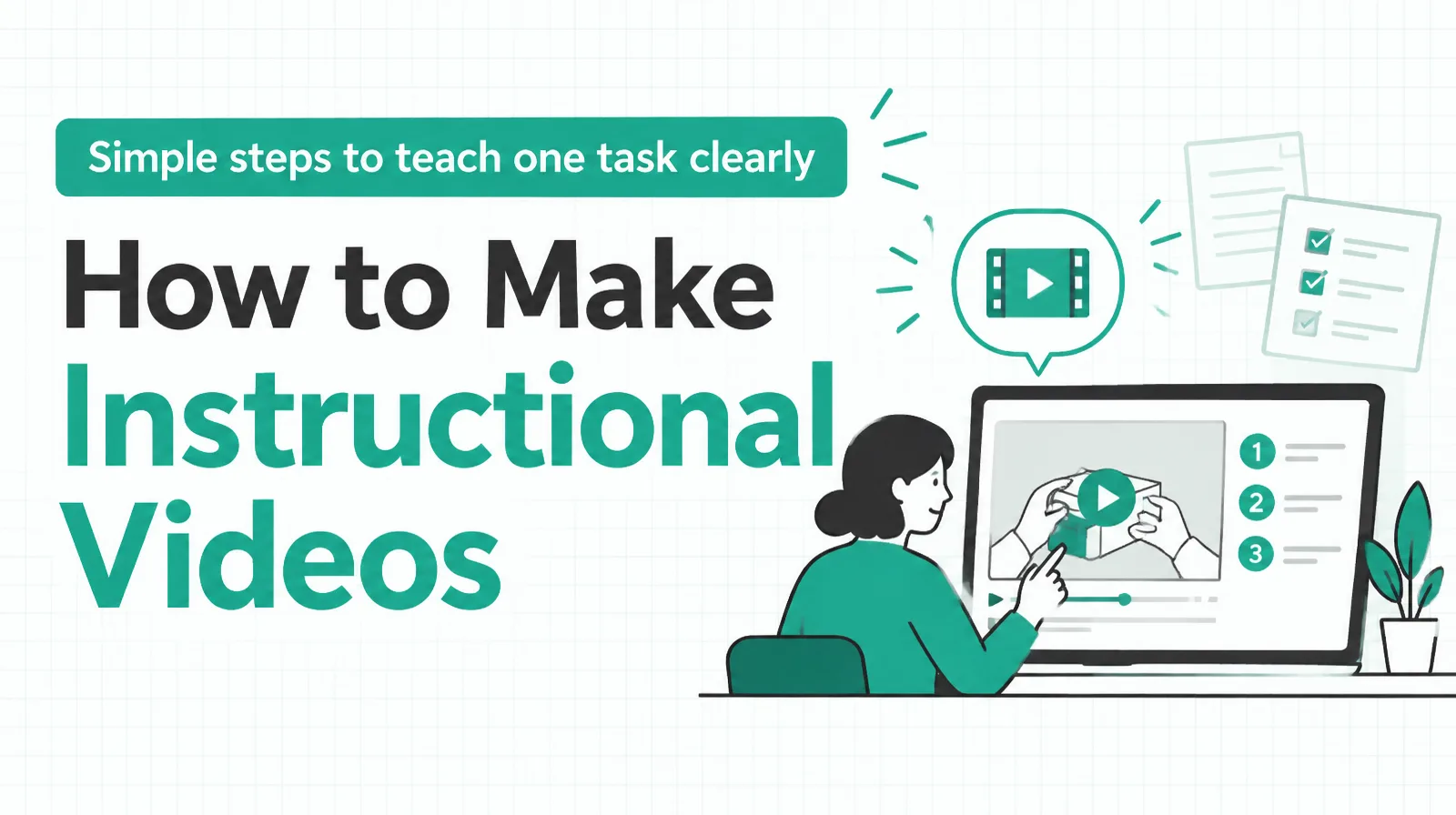 Illustration of a person pointing at a numbered step-by-step video on a screen, with the title How to Make Instructional Videos