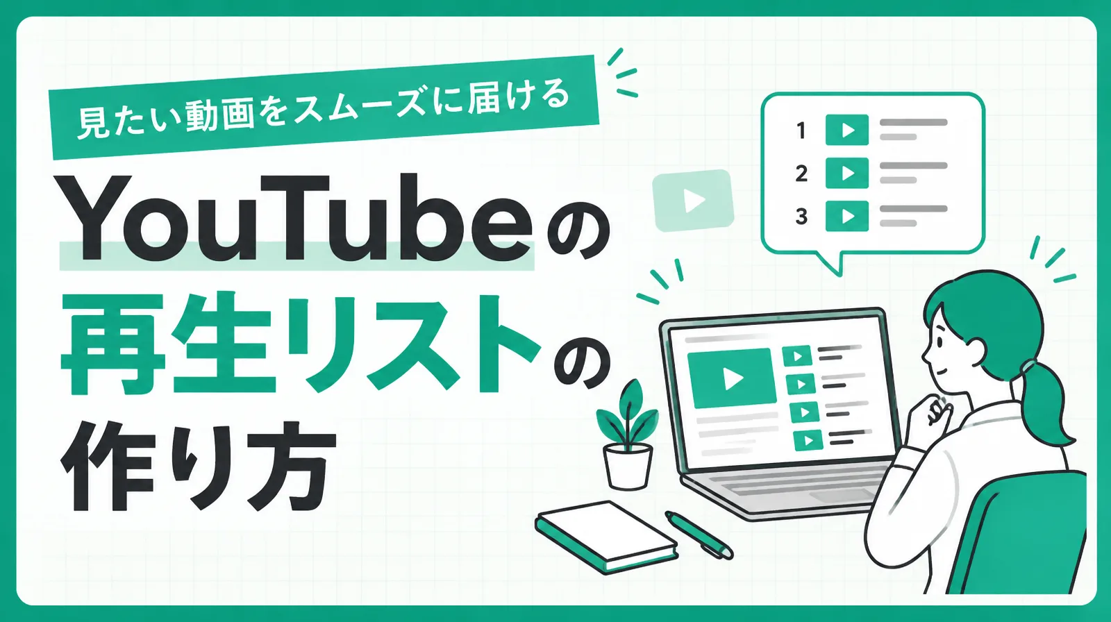 YouTubeの再生リストの作り方。番号の付いた動画の一覧と、パソコンで再生リストを見る人のイラスト