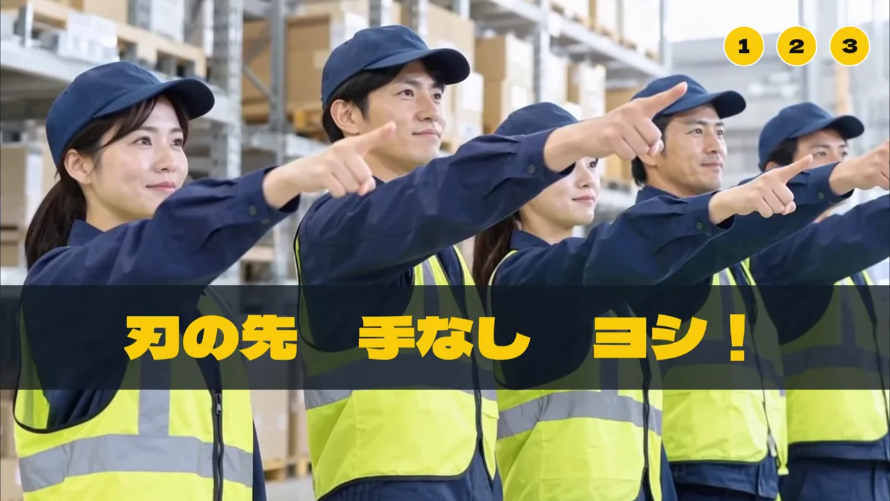 作例の動画の確認の場面。作業服の5人が前を指差し、「刃の先 手なし ヨシ！」の文字が出ている