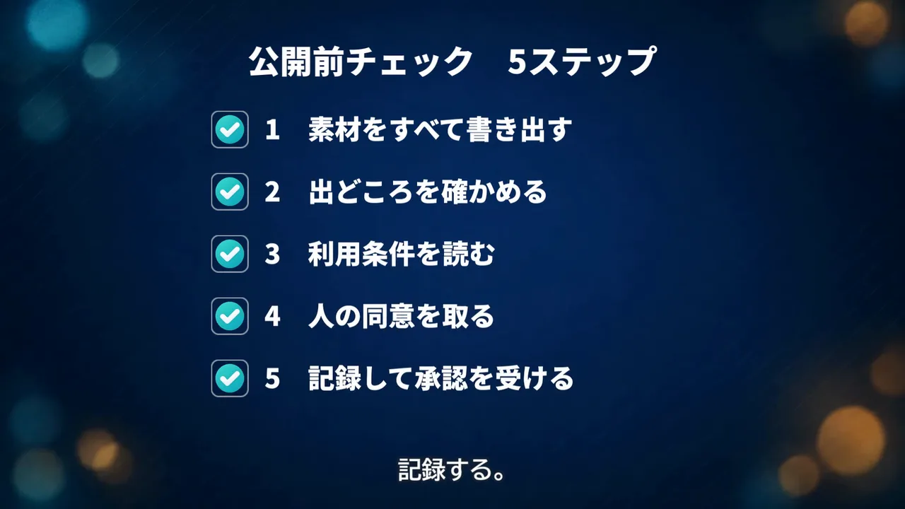 作例の社内研修の動画で、「公開前チェック 5ステップ」の5つの手順（素材をすべて書き出す、出どころを確かめる、利用条件を読む、人の同意を取る、記録して承認を受ける）にチェックが付いた場面