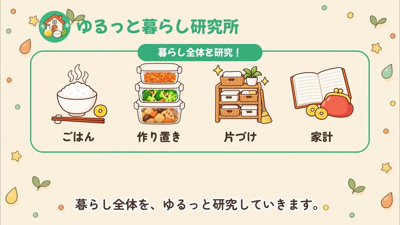 作例の動画で、新しいチャンネル名「ゆるっと暮らし研究所」と、扱うテーマのごはん、作り置き、片づけ、家計のアイコンを並べた場面