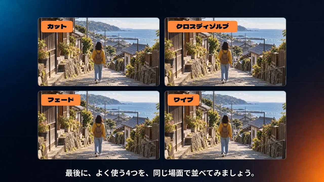 坂道の町の同じ場面を、カット、クロスディゾルブ、フェード、ワイプの4つのつなぎ方で並べて見比べる作例の動画の画面