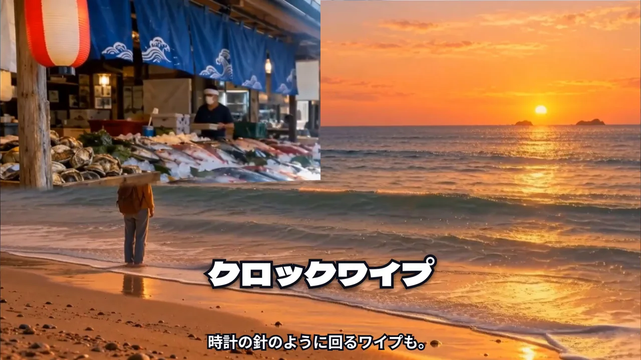 市場の場面から夕日の浜辺の場面へ、時計の針のように回るワイプで切り替わる途中の、作例の動画の画面