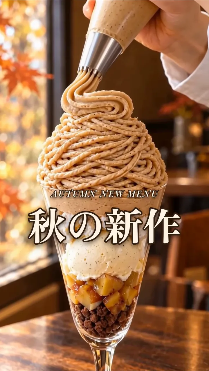 作例のカフェの縦型動画の冒頭で、パフェに栗のクリームを絞る映像に「秋の新作」の文字が出る場面