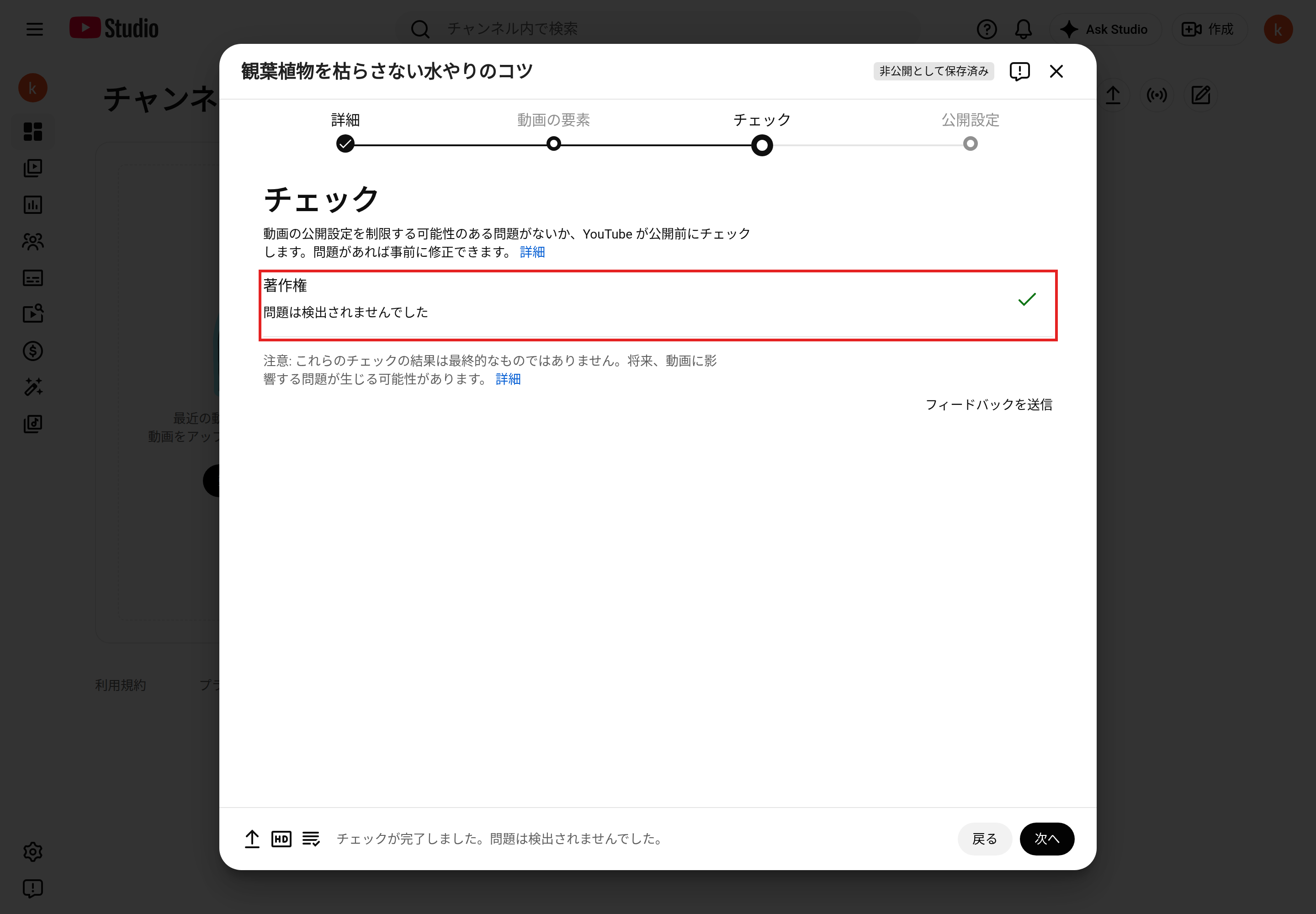 「チェック」の画面。著作権の結果「問題は検出されませんでした」を赤枠で示している