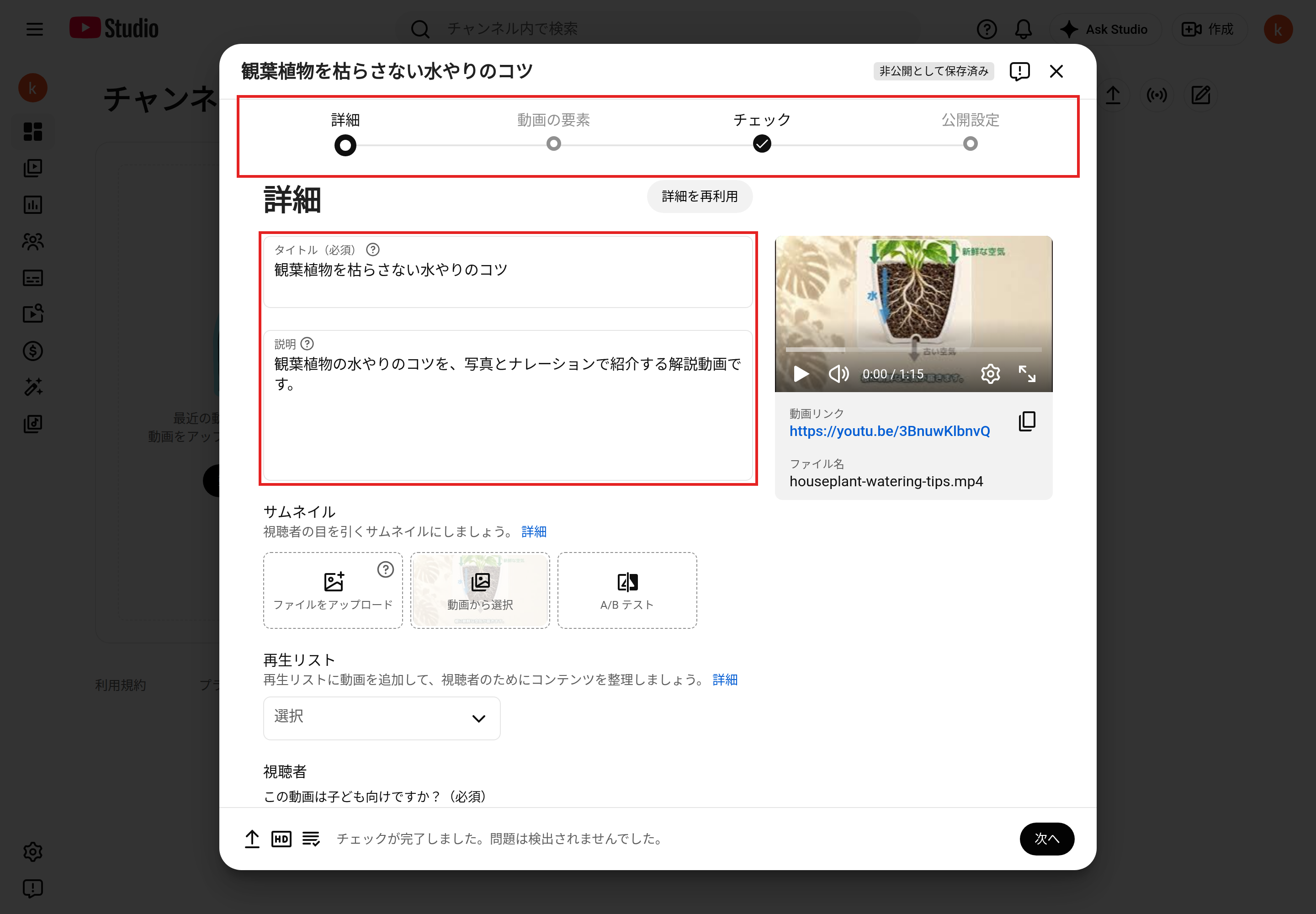 アップロード中の「詳細」の画面。上部のステップ（詳細・動画の要素・チェック・公開設定）と、タイトル・説明の欄を赤枠で示している
