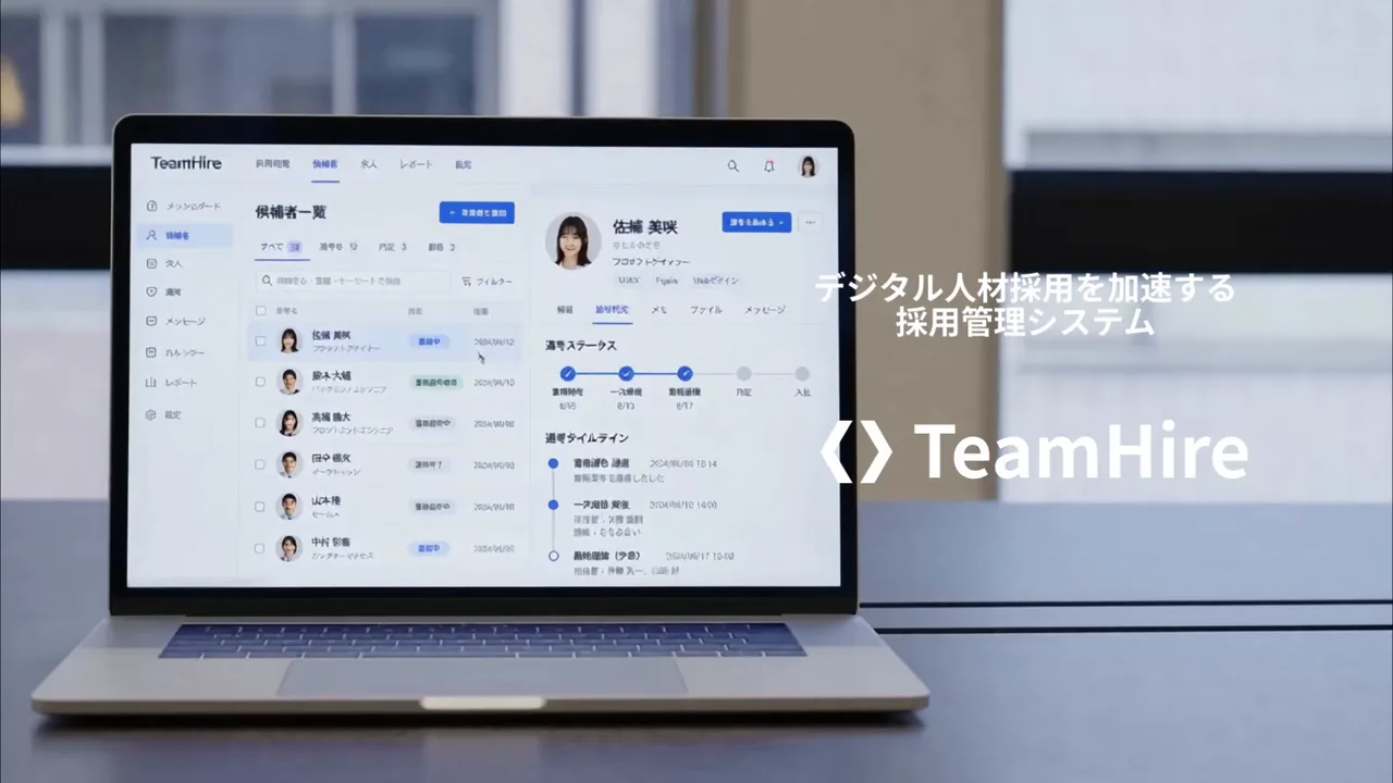ノートPCに映る採用管理システムの画面と「TeamHire」の文字