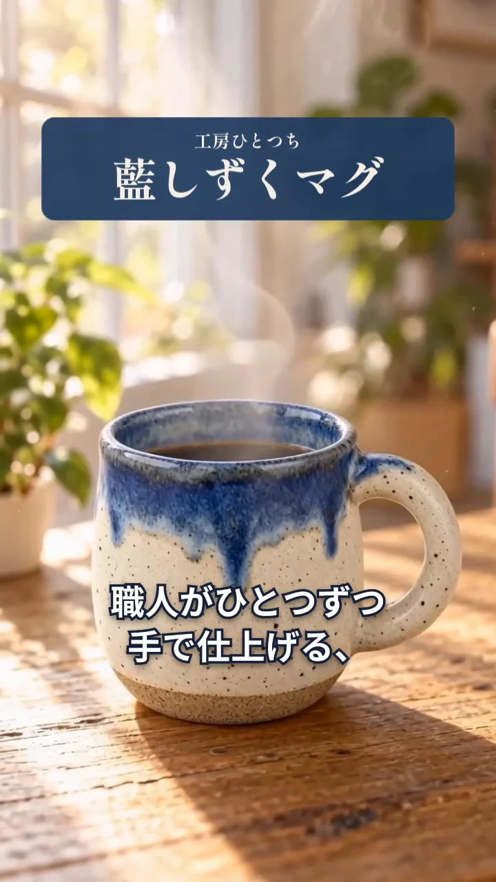 作例の動画の一場面。木のテーブルで湯気の立つ藍色の釉薬のマグカップに、商品名「藍しずくマグ」の見出しが重なっている