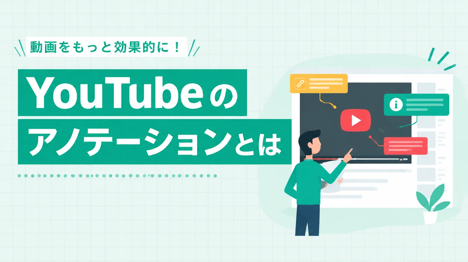 動画の再生画面にリンクや情報の枠が重なったイラストと、「YouTubeのアノテーションとは」の文字