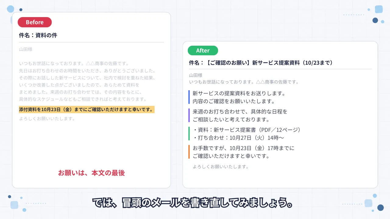 書き直す前のメールと、結論を1行目に置いて書き直したメールを左右に並べた作例の場面