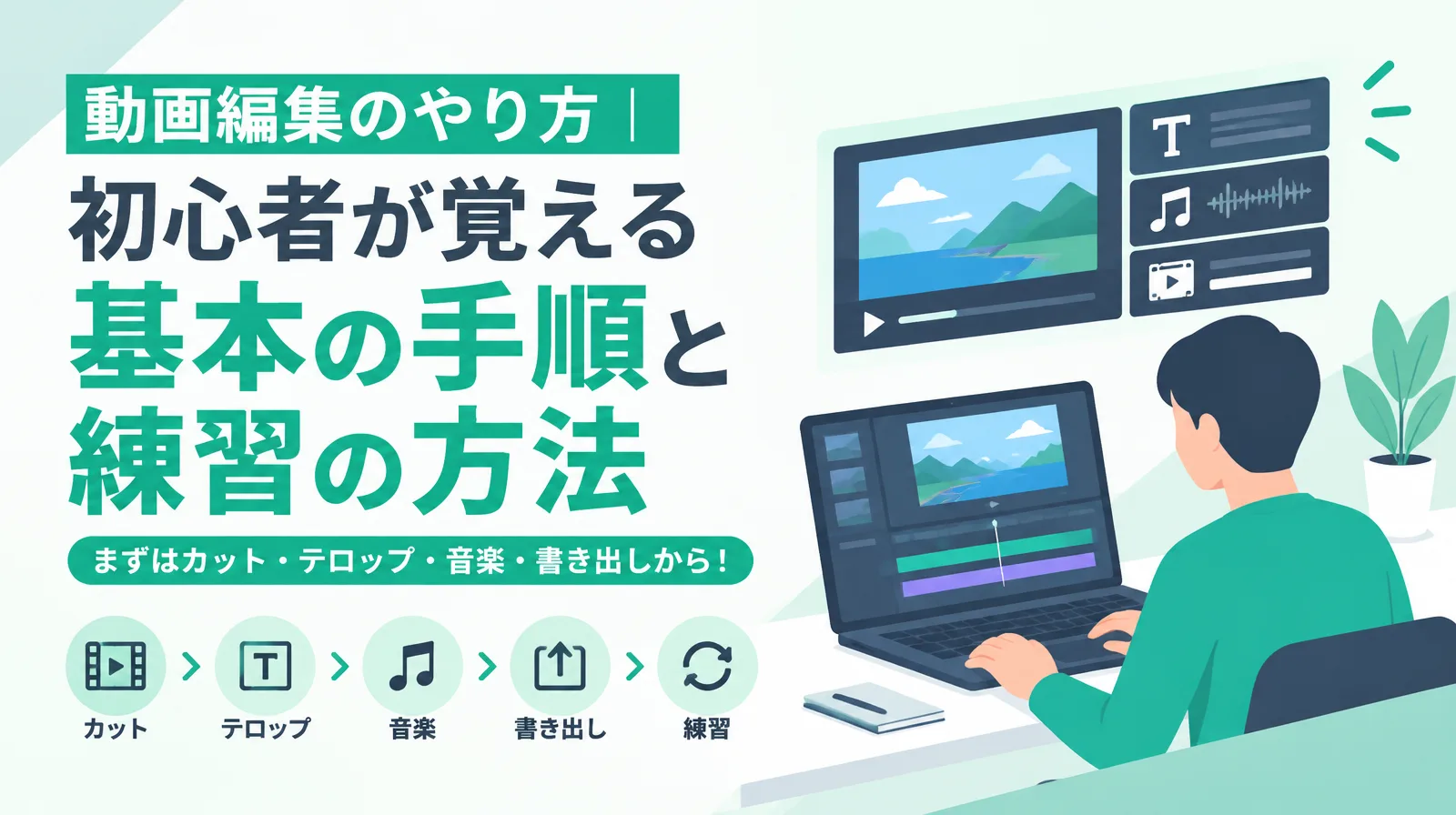 「動画編集のやり方 初心者が覚える基本の手順と練習の方法」の文字と、カット・テロップ・音楽・書き出し・練習の5つのアイコン、パソコンで動画を編集する人のイラスト