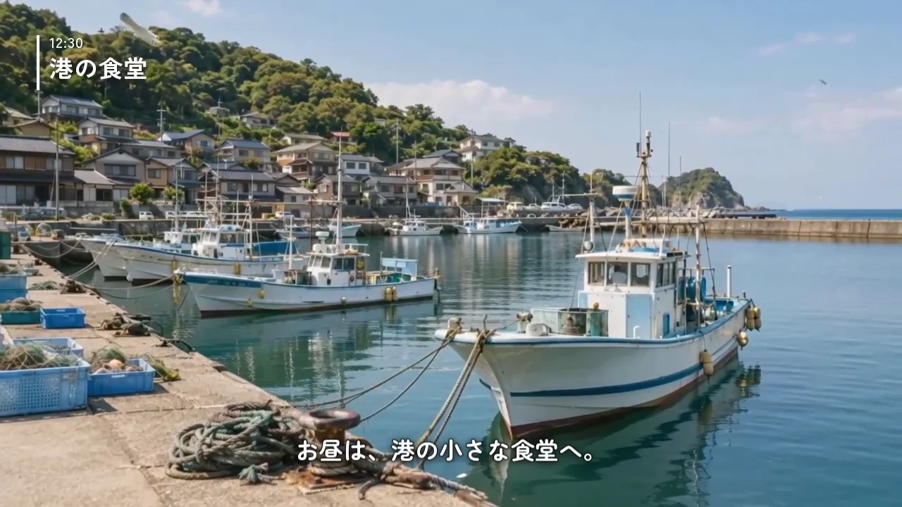 作例の動画の一場面。漁船が並ぶ港の映像に、左上の「12:30 港の食堂」の見出しと、下の「お昼は、港の小さな食堂へ。」の字幕が入っている