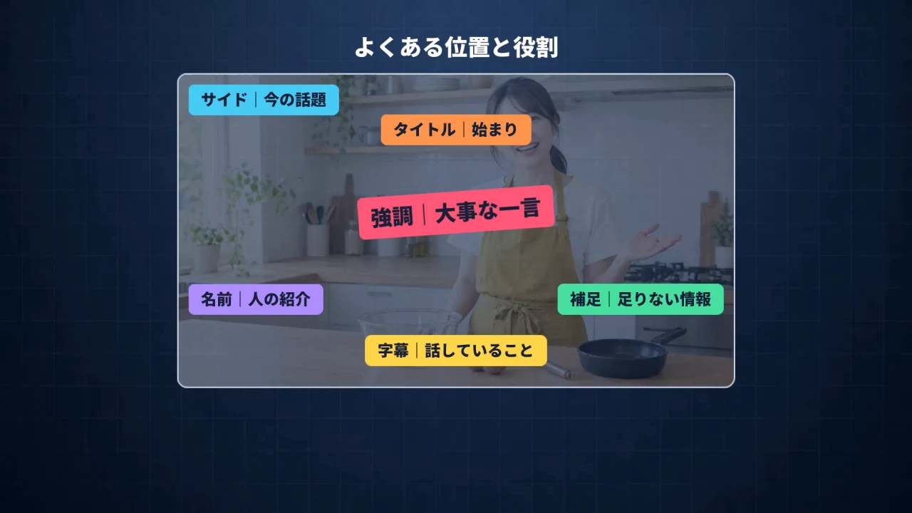 作例の動画で、字幕・タイトル・サイド・強調・補足・名前のテロップのよくある位置と役割を示した画面