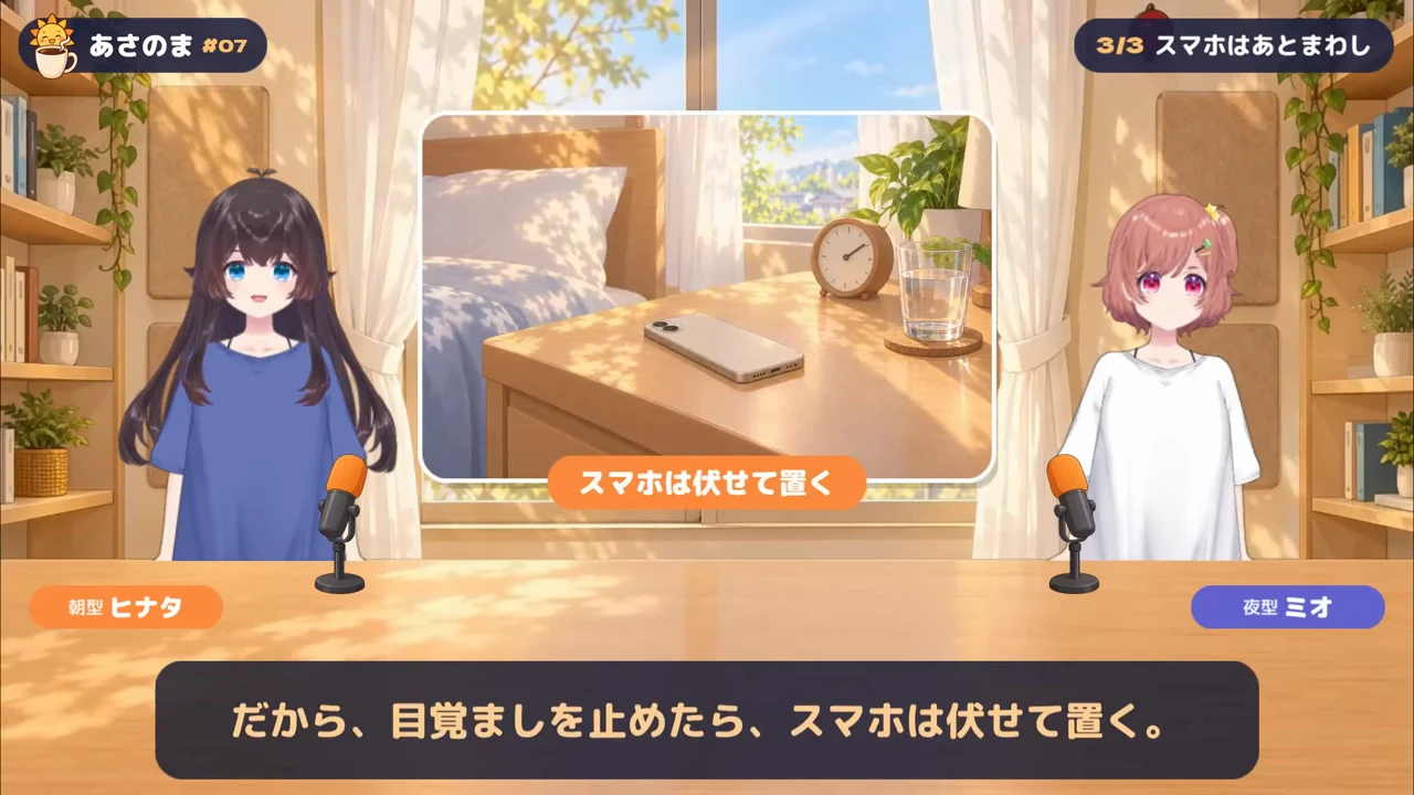 ポッドキャスト番組「あさのま」の動画の一場面。机の前の2人のキャラクターの間に「スマホは伏せて置く」の写真が出て、下に字幕がある