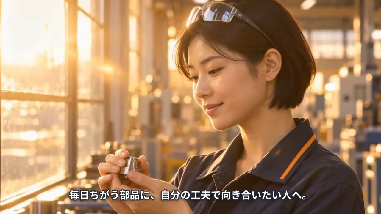 作例の動画の一場面。工場の窓辺で、加工した部品を手に取って見つめる主人公