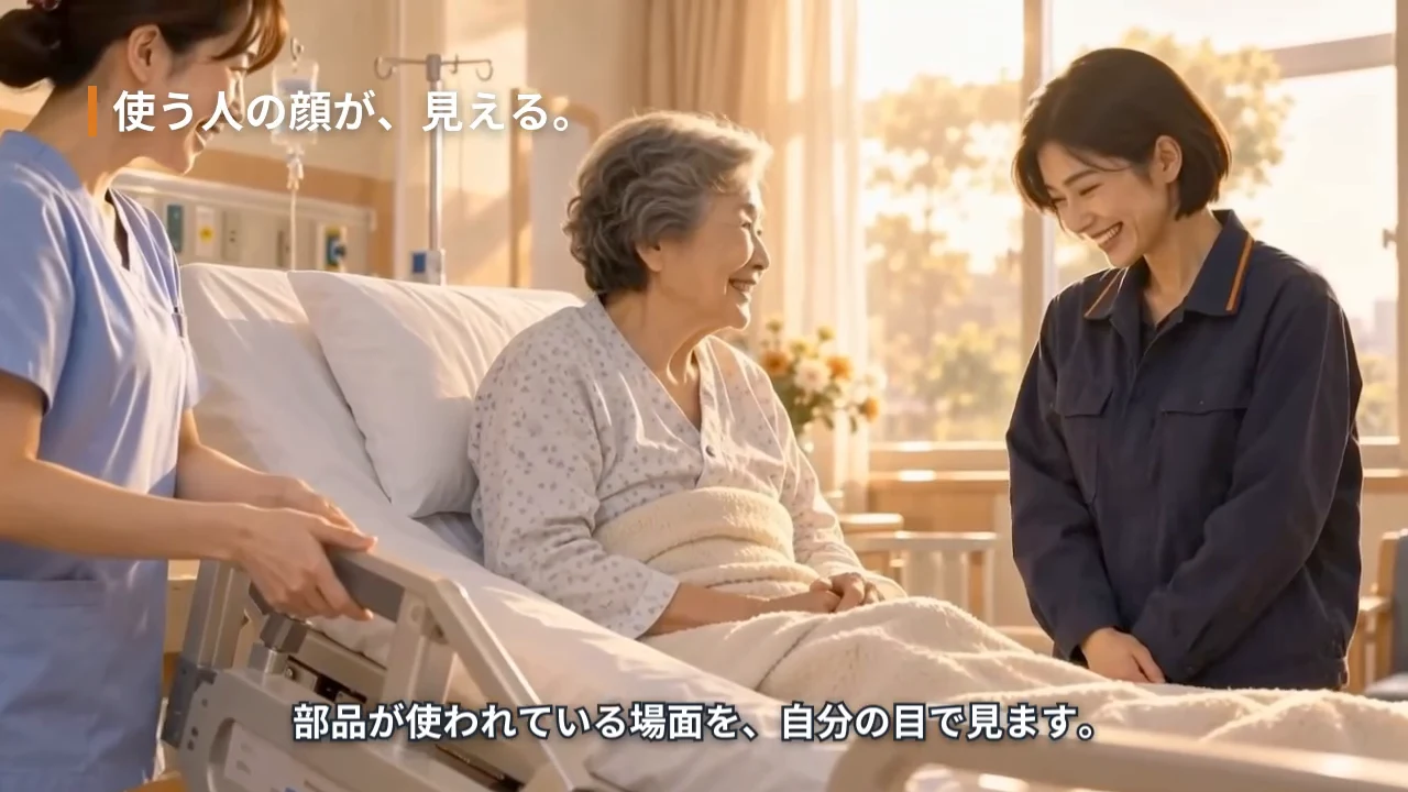 作例の動画の一場面。納品先の病院で、部品が使われている場面を見る主人公と「使う人の顔が、見える。」の文字