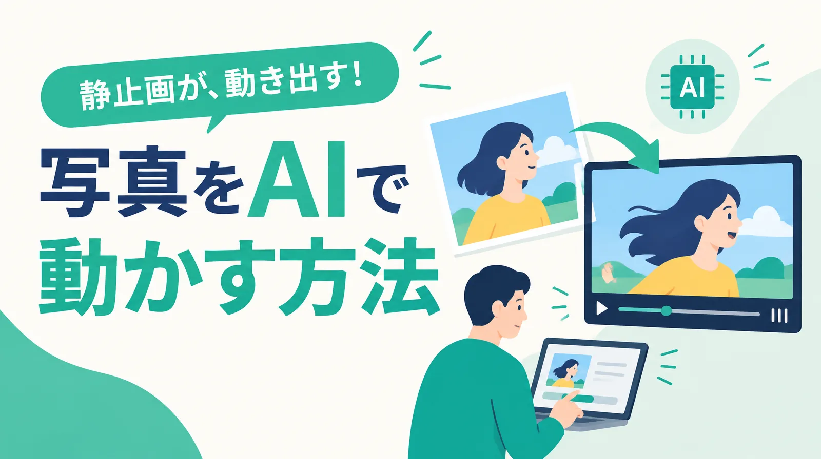 写真をAIで動かす方法。1枚の写真から動画が生まれることを表したイラスト