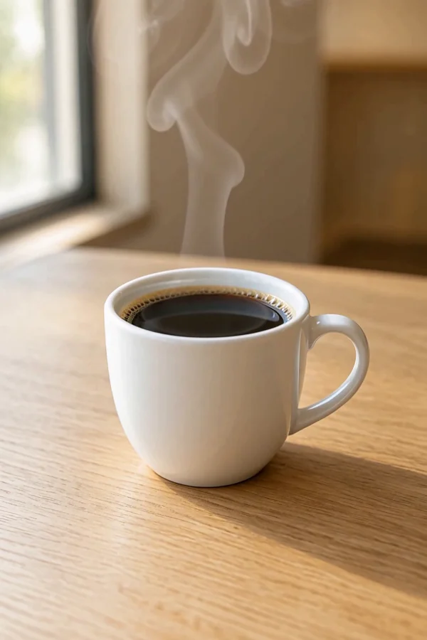 湯気が立ちのぼるコーヒーカップの映像の一場面