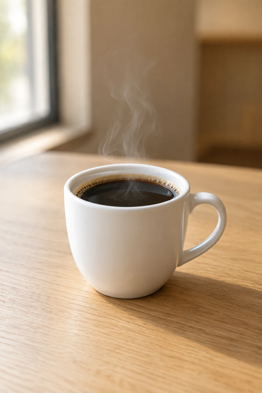 作例に使った画像。木のテーブルに置かれた白いカップのコーヒーから湯気が立ちのぼっている