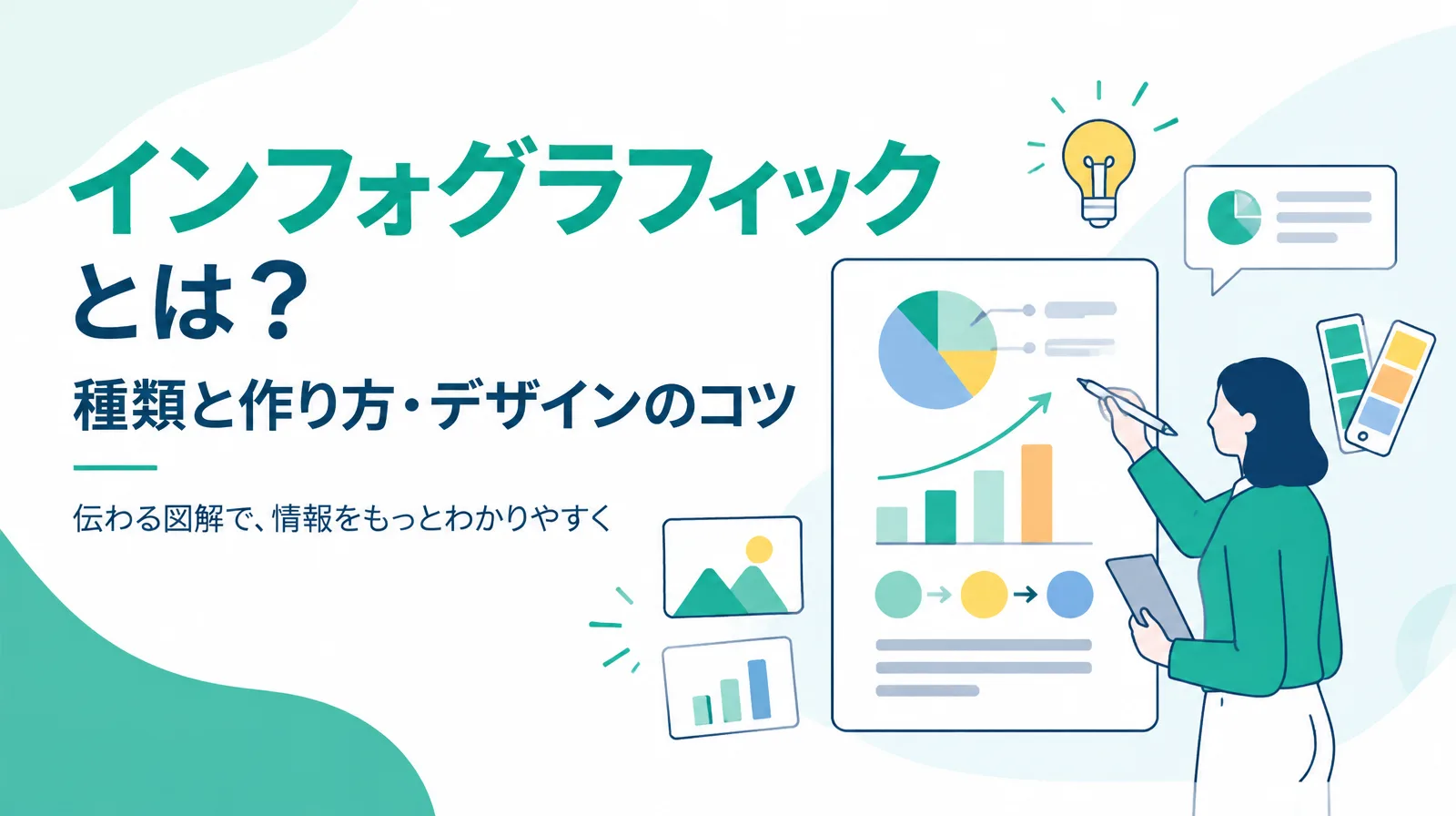 「インフォグラフィックとは？種類と作り方・デザインのコツ」の題と、円グラフや棒グラフ、矢印でつないだ手順を描いたボードにペンで書き込む人のイラスト