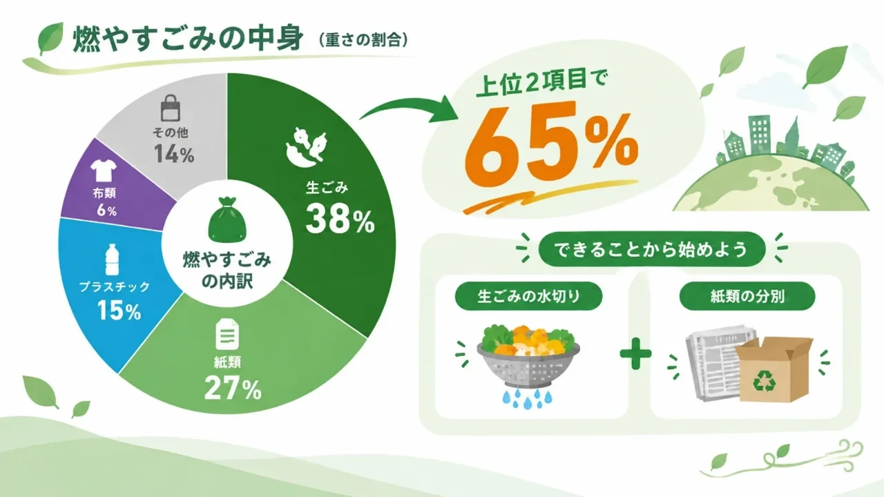 燃やすごみの中身を円グラフで示した図解のスライド（NoLangのスライド生成の「図解」で作った作例）