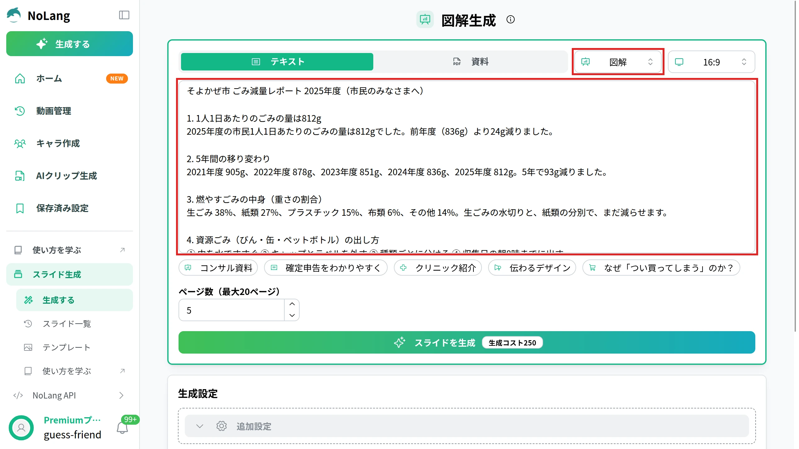 NoLangのスライド生成で、生成のタイプに「図解」を選んだ画面（見出しは「図解生成」）。入力の種類は「テキスト」で、「図解」の選択欄と、ごみ減量レポートの文章を入れた入力欄を赤枠で囲んでいる