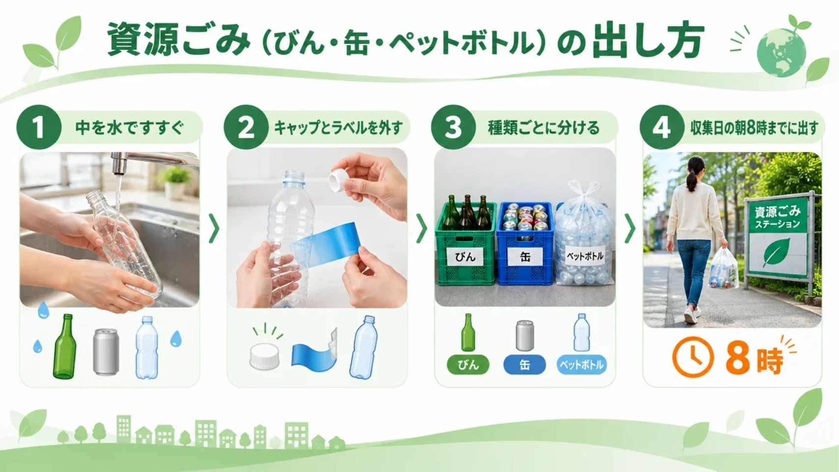 資源ごみの出し方を、①中を水ですすぐ、②キャップとラベルを外す、③種類ごとに分ける、④収集日の朝8時までに出す、の4つの手順の写真と矢印で左から右へつないだ図解
