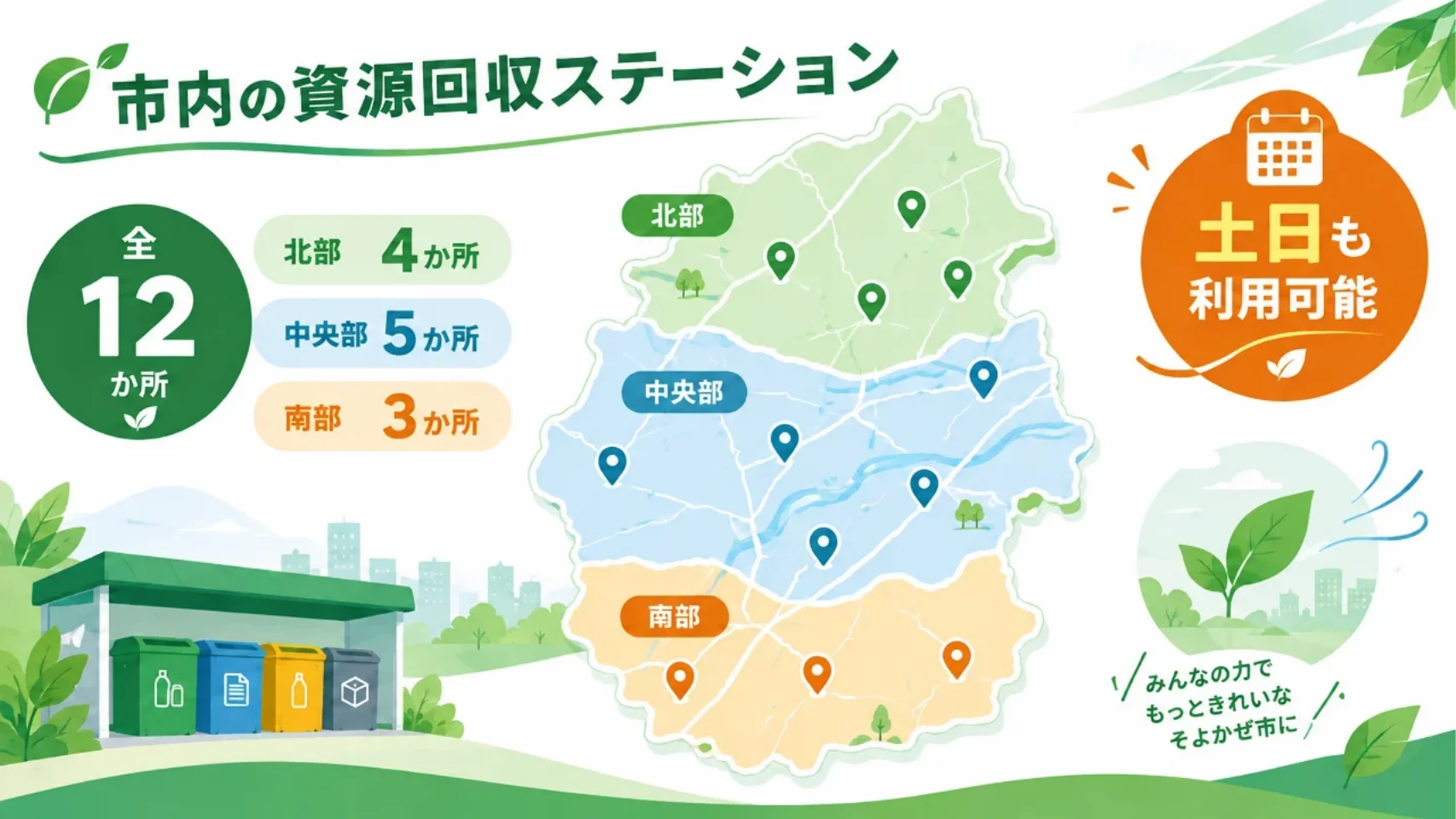 市の地図を北部・中央部・南部に色分けし、資源回収ステーションのピンを北部4本、中央部5本、南部3本立て、左に「全12か所」と地域ごとの数、右に「土日も利用可能」を置いた図解