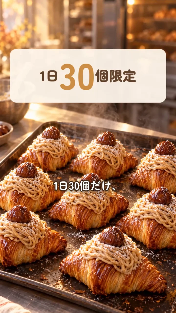 NoLangで作ったパン屋の紹介リールの場面。天板に並んだクロワッサンと「1日30個限定」の文字