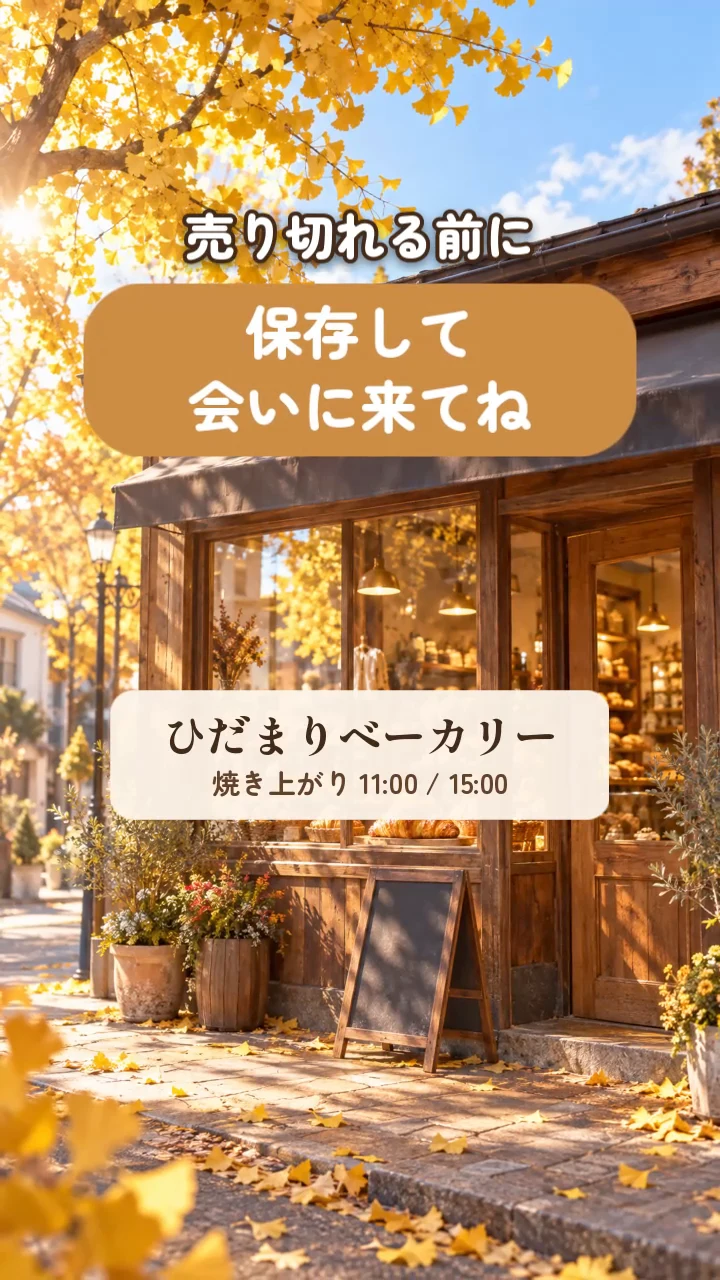 NoLangで作ったパン屋の紹介リールの場面。店の外観と「保存して会いに来てね」の呼びかけ、店名と焼き上がりの時刻