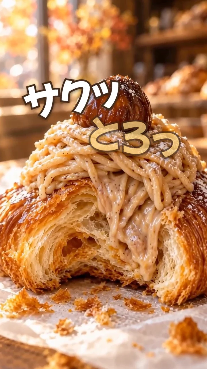 NoLangで作ったパン屋の紹介リールの場面。ひと口かじったクロワッサンと「サクッ」「とろっ」の文字