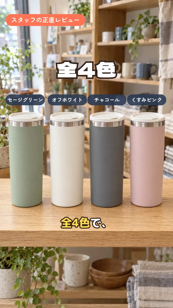 NoLangで作ったUGC風の動画の場面。セージグリーン、オフホワイト、チャコール、くすみピンクの4色のタンブラーと「全4色」の文字