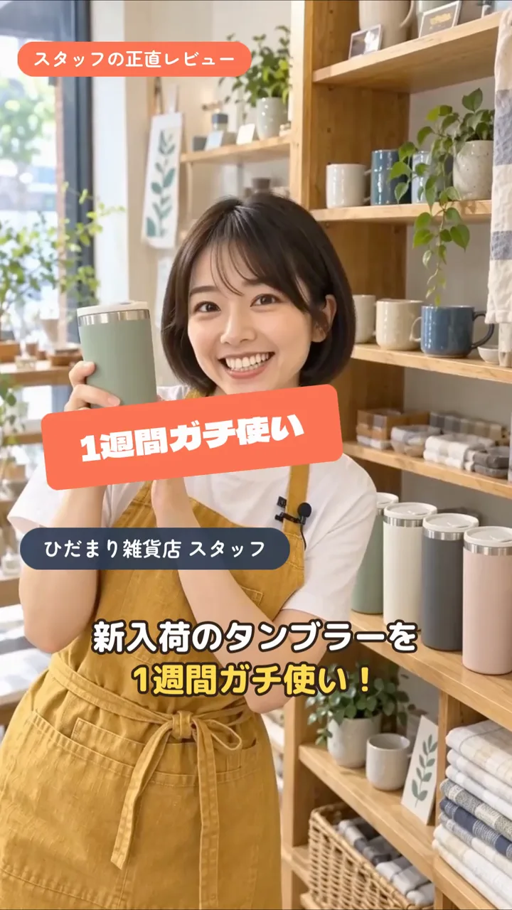 NoLangで作ったUGC風の動画の場面。雑貨店のスタッフが棚の前でタンブラーを持ち、「1週間ガチ使い」の文字と「ひだまり雑貨店 スタッフ」のラベル