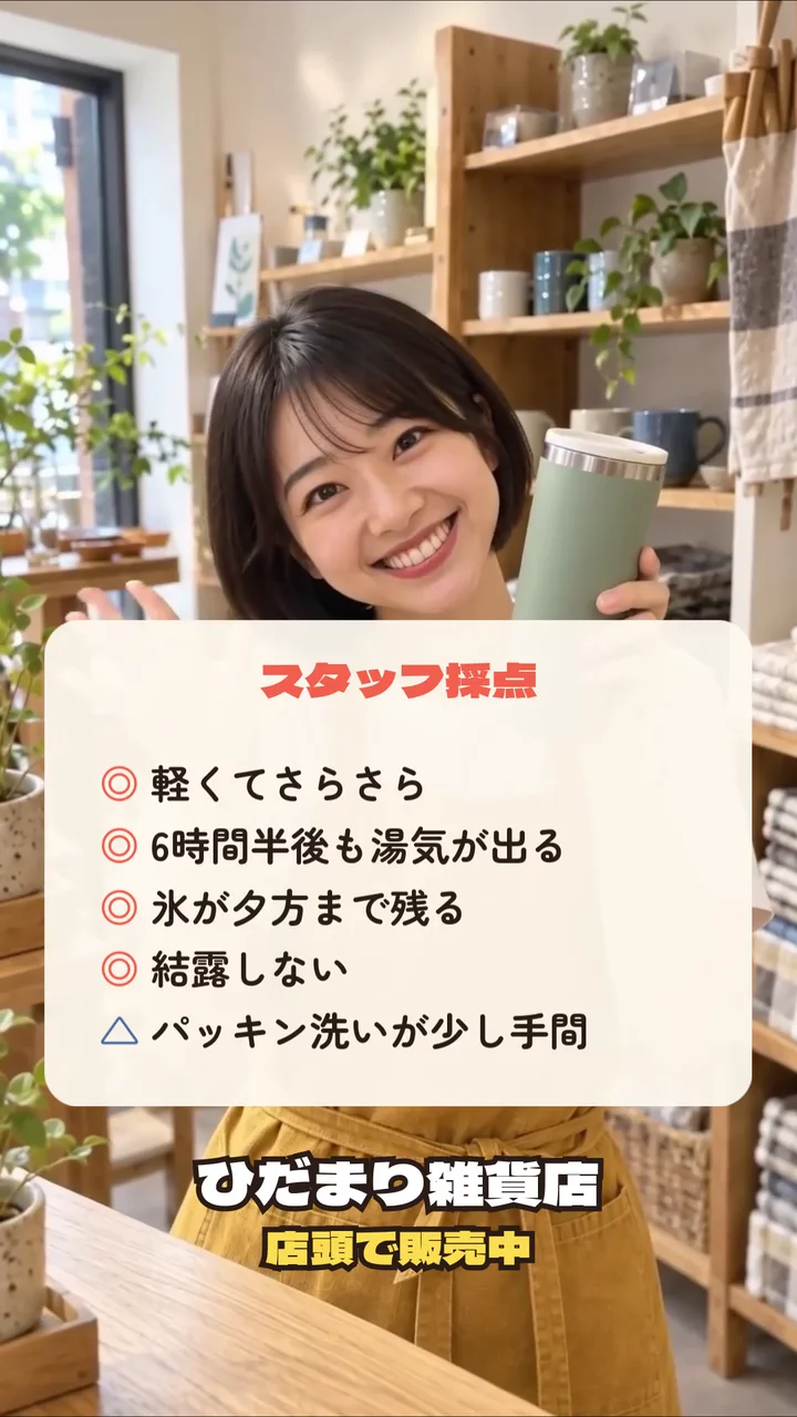 NoLangで作ったUGC風の動画の最後の場面。スタッフの採点として良い点4つと気になる点1つの一覧と、店名「ひだまり雑貨店」