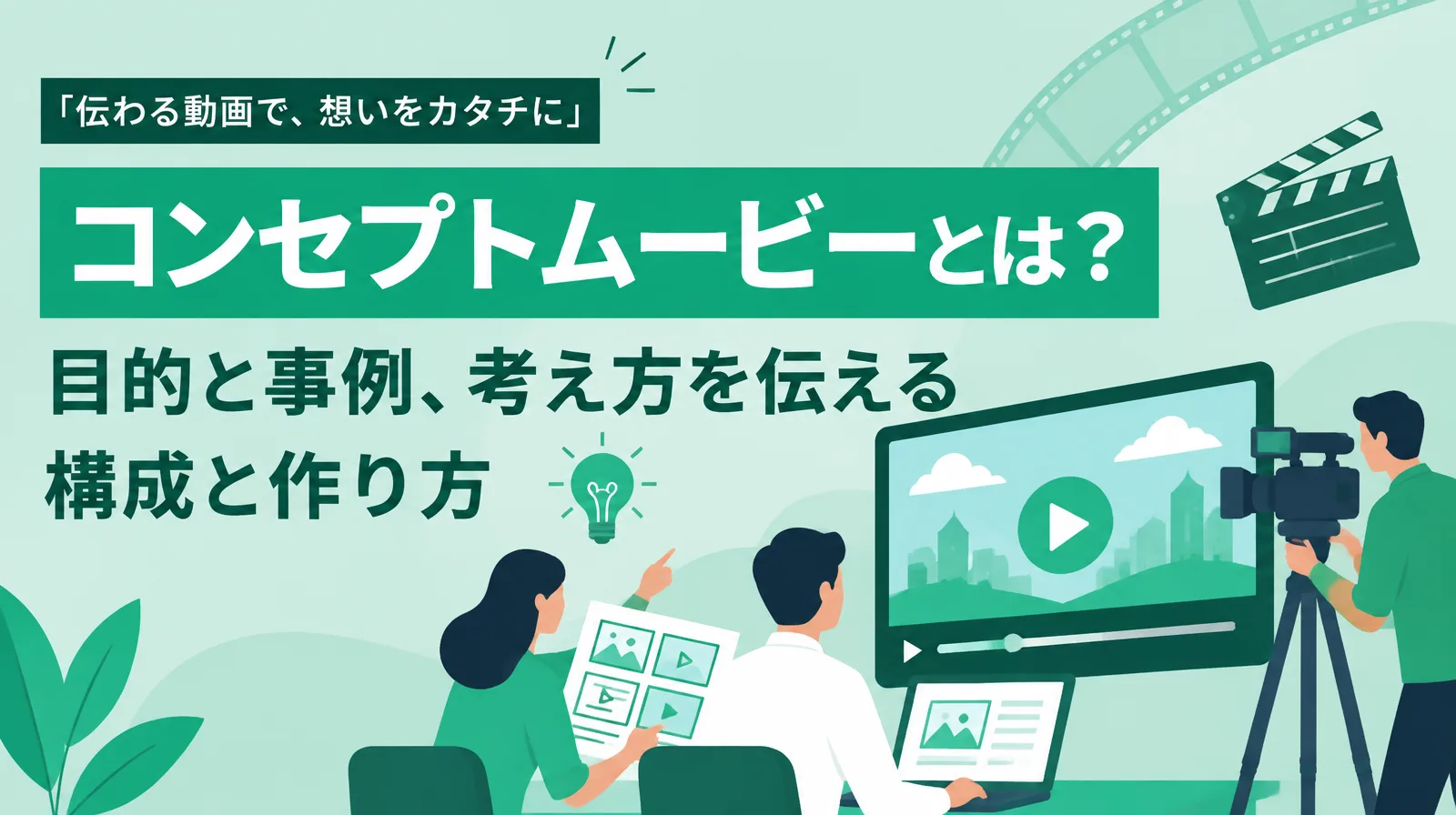 コンセプトムービーとは？目的と事例、考え方を伝える構成と作り方の見出しと、絵コンテを指さして動画を企画する人たちのイラスト