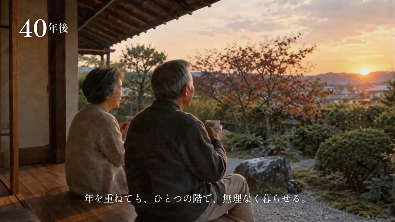 作例の動画で、縁側に並んで夕日を眺める年配の夫婦と「40年後」の文字