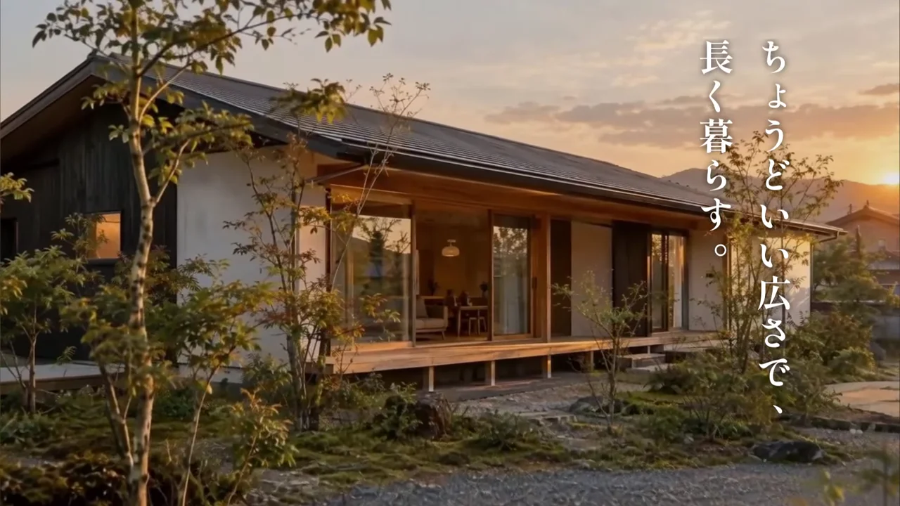 作例の動画で、夕方の光の平屋に「ちょうどいい広さで、長く暮らす。」の言葉が出る場面