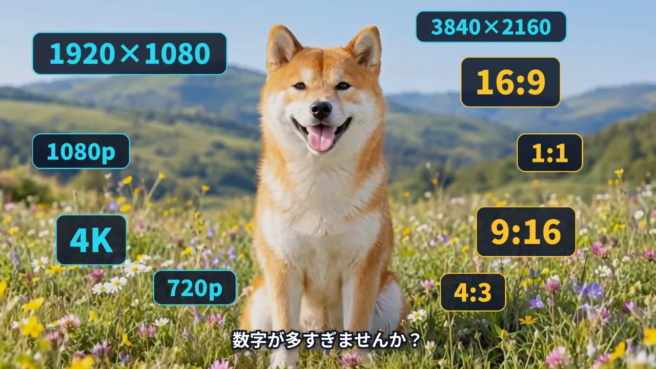 作例の解説動画の冒頭で、草原の柴犬のまわりに「1920×1080」「4K」「16:9」「9:16」などの解像度と縦横比の数字が並ぶ場面