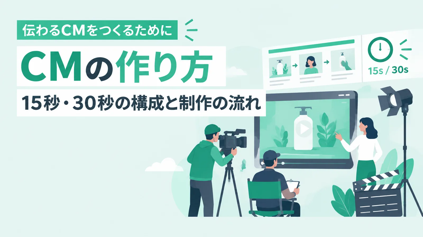 「CMの作り方 15秒・30秒の構成と制作の流れ」の文字と、カメラで撮影するスタッフ、絵コンテ、15秒と30秒を示す時計のイラスト