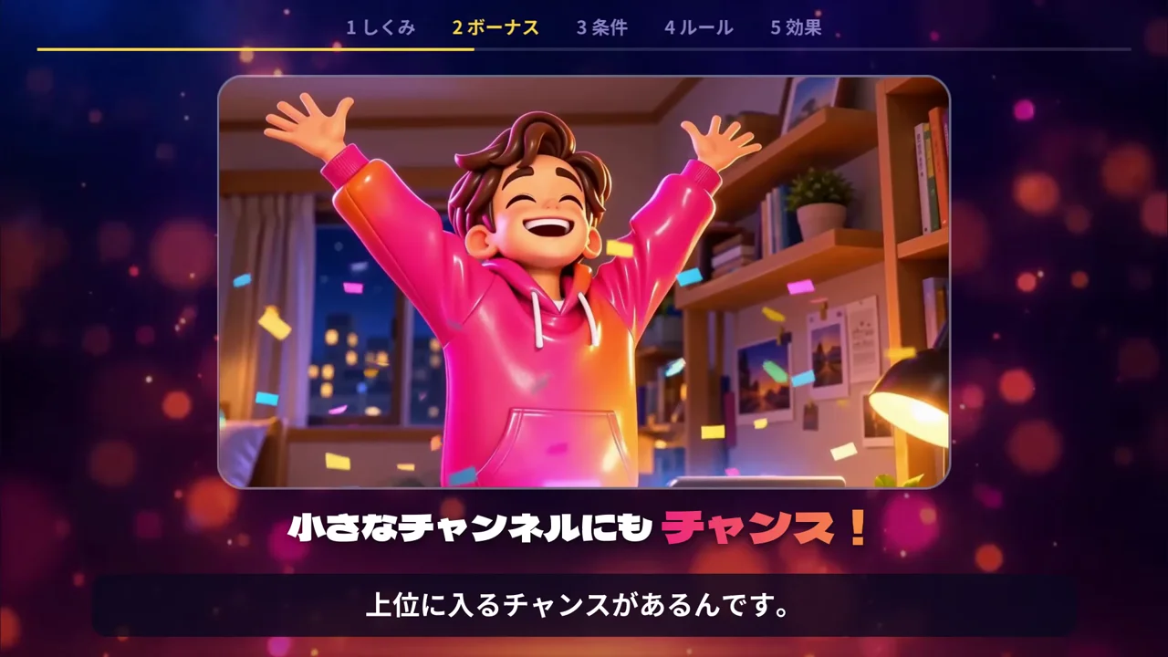 作例の動画で、両手を上げて喜ぶクリエイターと「小さなチャンネルにもチャンス！」の文字