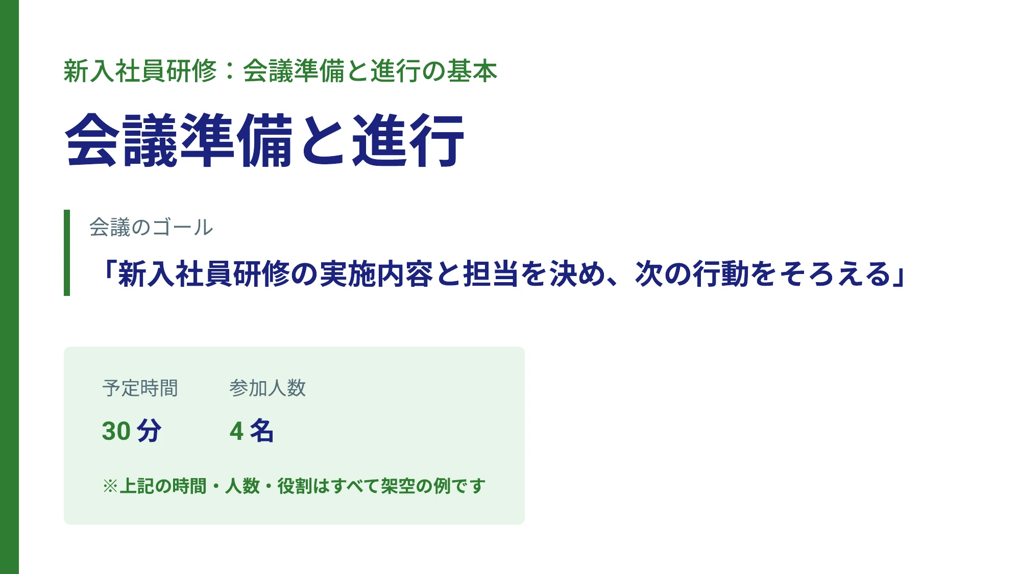 入力した5ページの会議準備資料の1ページ目。会議の目的とゴールを説明している