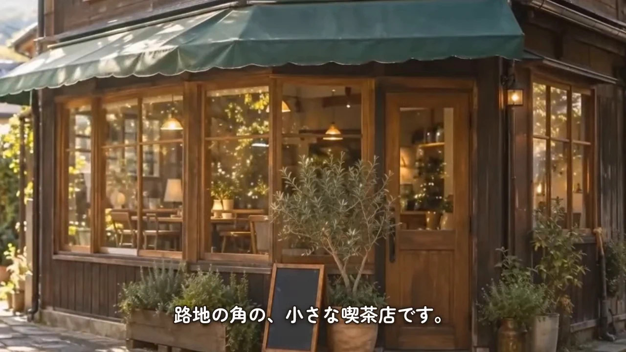 作例の動画の一場面。路地の角に建つ喫茶店の外観と字幕「路地の角の、小さな喫茶店です。」