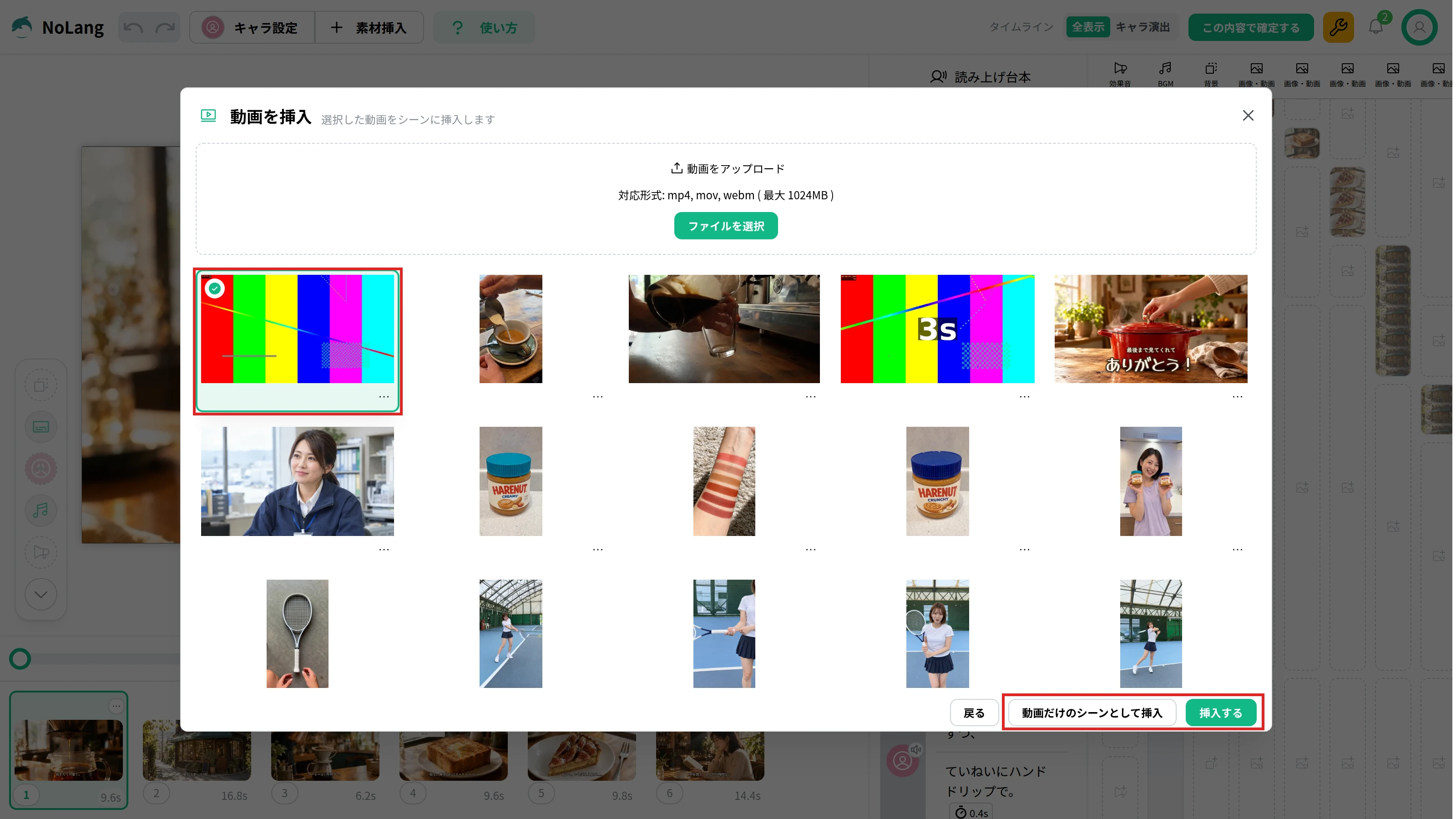 NoLangの「動画を挿入」で動画を1本選び、「動画だけのシーンとして挿入」と「挿入する」が押せる状態の画面