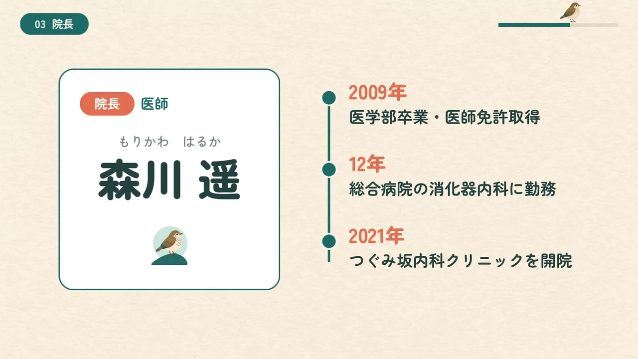 作例の医院案内動画で、院長の氏名と、卒業・勤務・開院の年を並べた略歴を示す場面