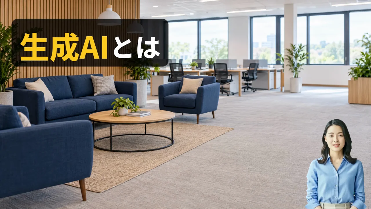 作例の生成AIリテラシー研修の動画で、オフィスの映像に「生成AIとは」の題字と講師のアバターが映る場面