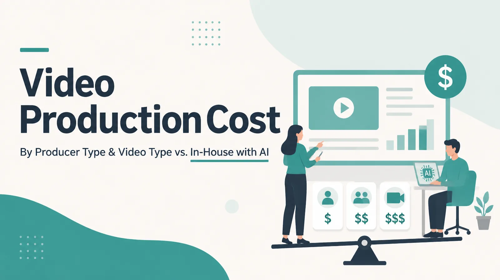 Title card for an article on video production cost, showing the article title on a teal background