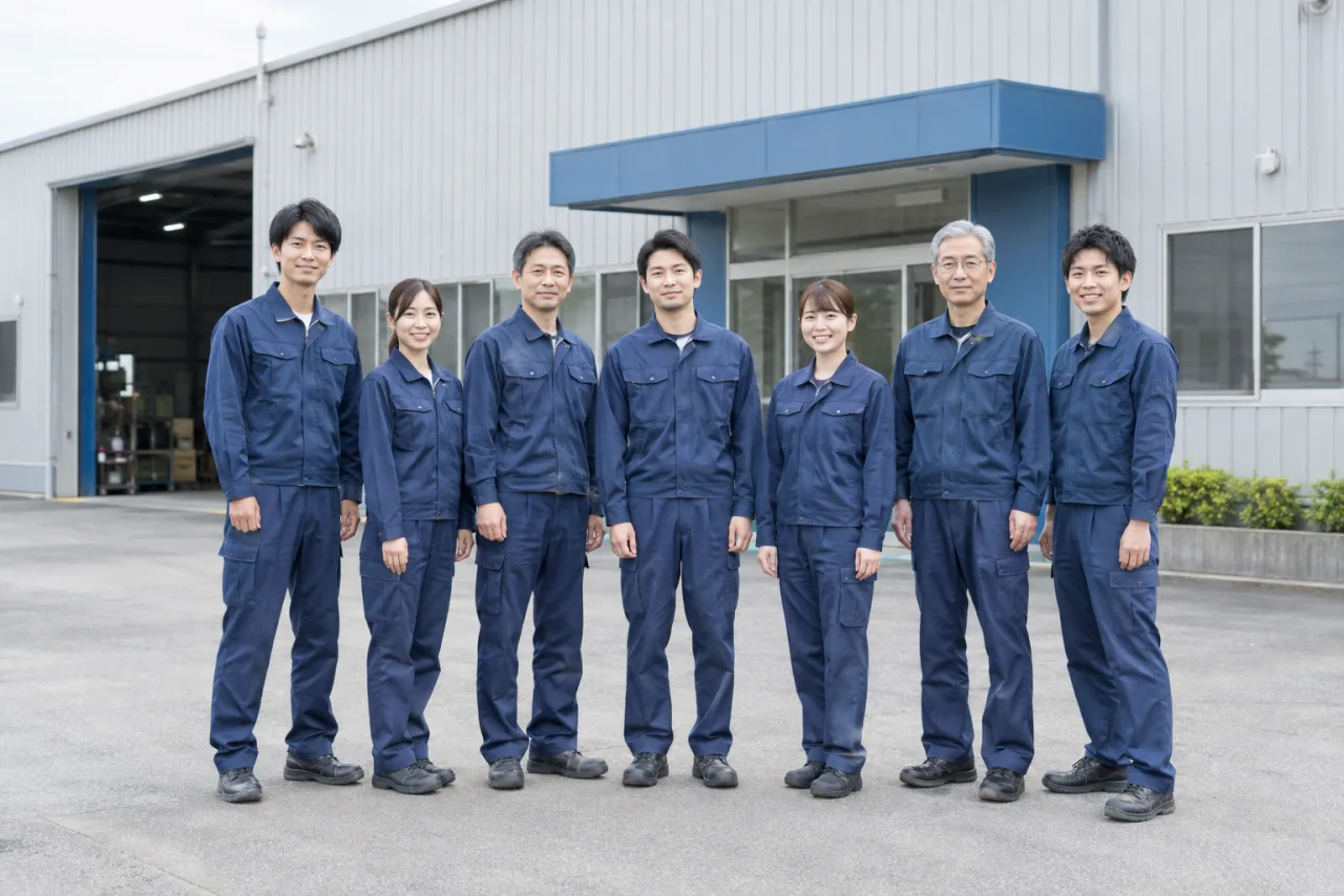 工場の前に作業着姿で並ぶ社員の集合写真