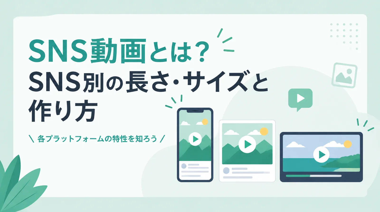 縦型のスマホ、正方形の投稿、横型の画面の3つの動画の画面と「SNS動画とは？SNS別の長さ・サイズと作り方」の文字
