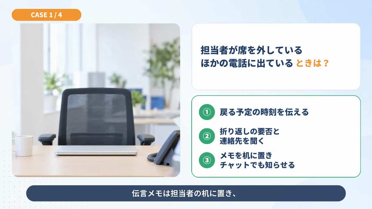 作例の動画で、担当者が席を外しているときの対応を3つ示す場面