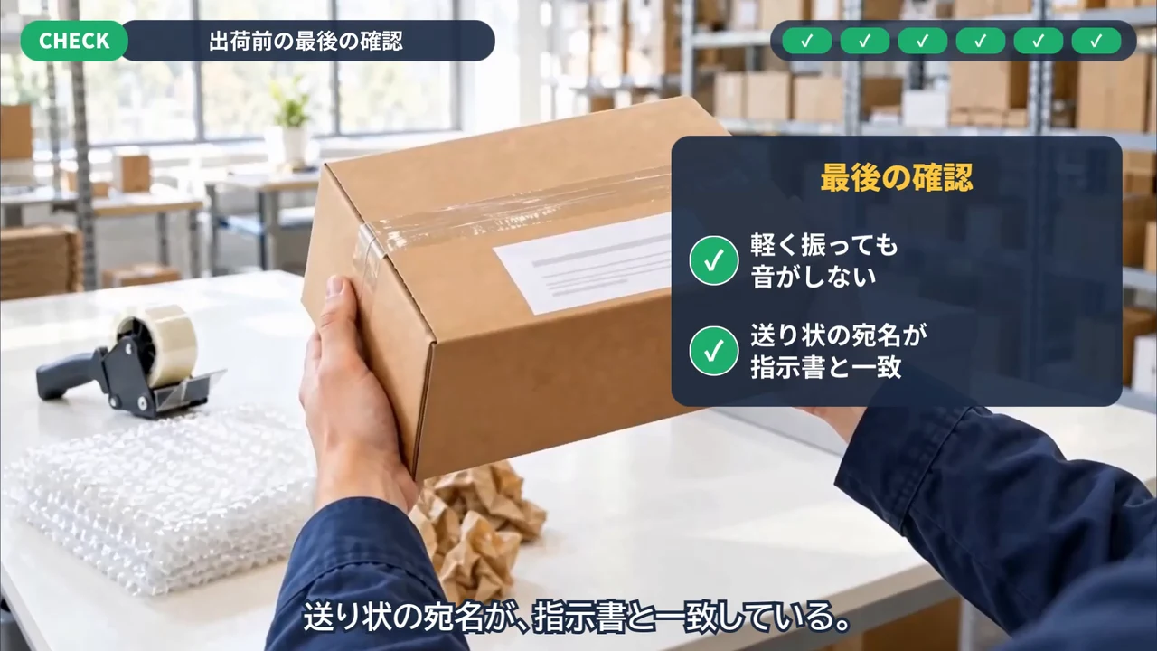 梱包のハウツー動画の最後の確認の場面。箱を持ち、「軽く振っても音がしない」「送り状の宛名が指示書と一致」の2項目にチェックが入っている